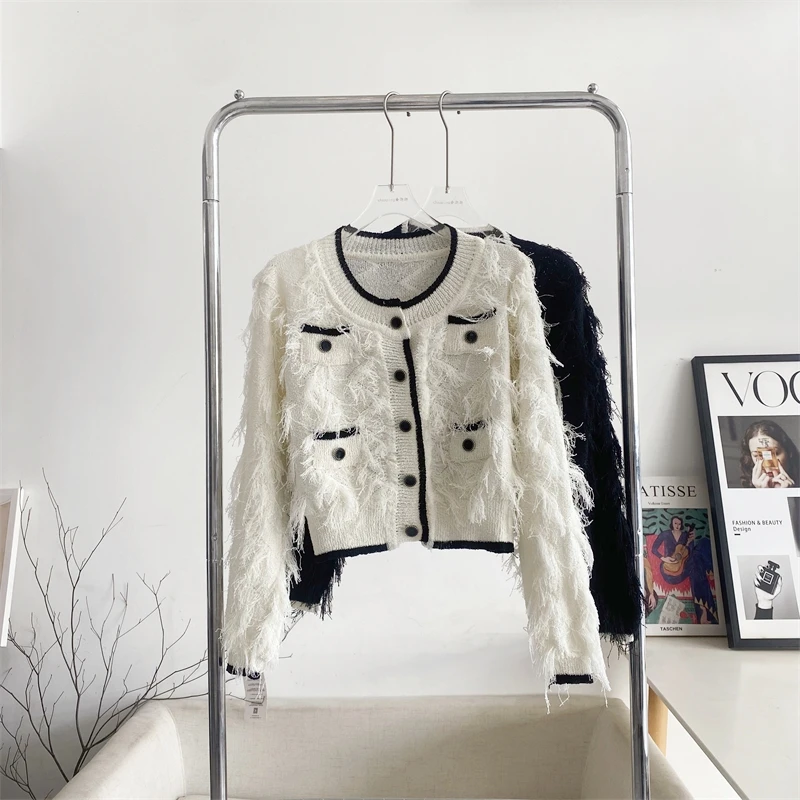 

Корейский модный свитер, кардиган, белый, черный вязаный свитер с бахромой, женский кардиган с длинным рукавом, женский кардиган, осень 2023