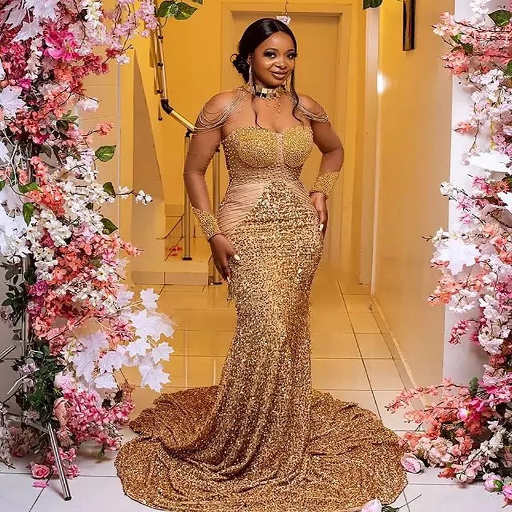 Женское вечернее платье-русалка золотистое платье с высокой горловиной и