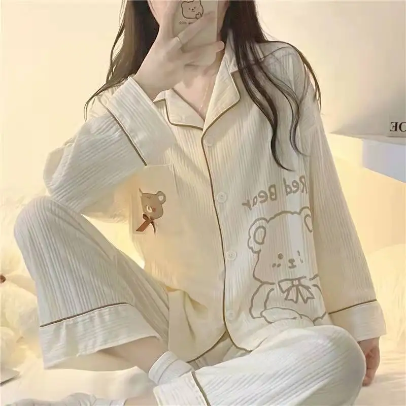 QWEEK-Conjunto de pijama japonés con estampado de oso para mujer, traje de pantalón con corazón dulce, cárdigan, ropa de dormir de manga larga para el hogar