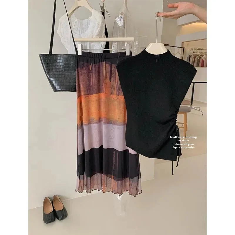 Лето 2024 дизайн заката чувствительность асимметричный Вязаный топ с завязкой