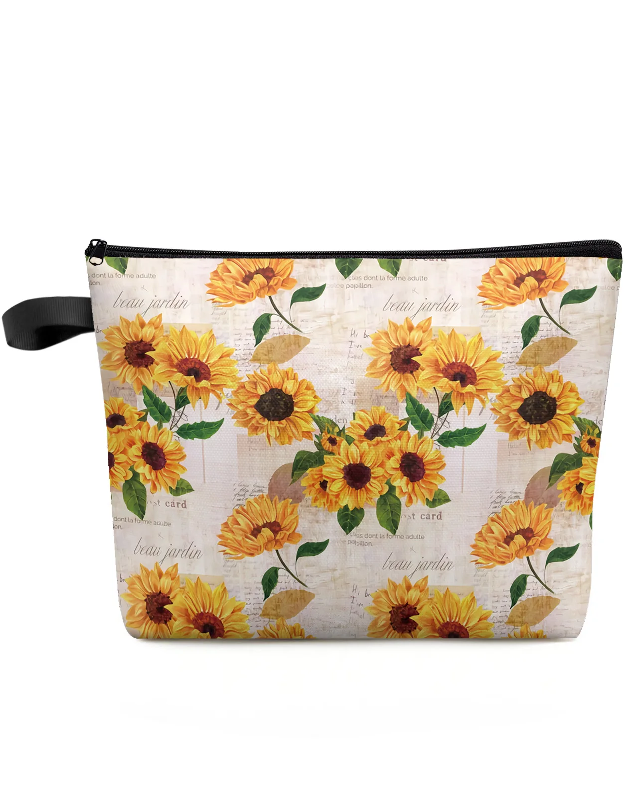 

Sunflower old newspaper background Large Capacity Travel Cosmetic Bag Portable Makeup Storage Pouch Women Waterproof Pencil Case