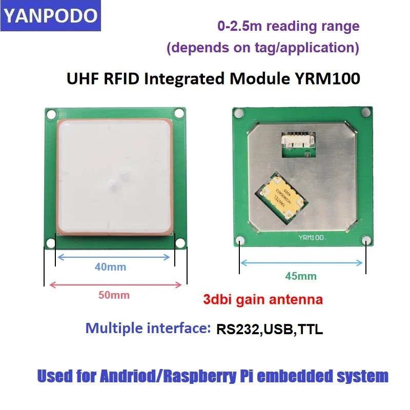 

Yanpodo small size 0-5m range TTL Serial Port Embedded with 1-5.5dbi Antenna Integrated Module UHF RFID Handheld Reader