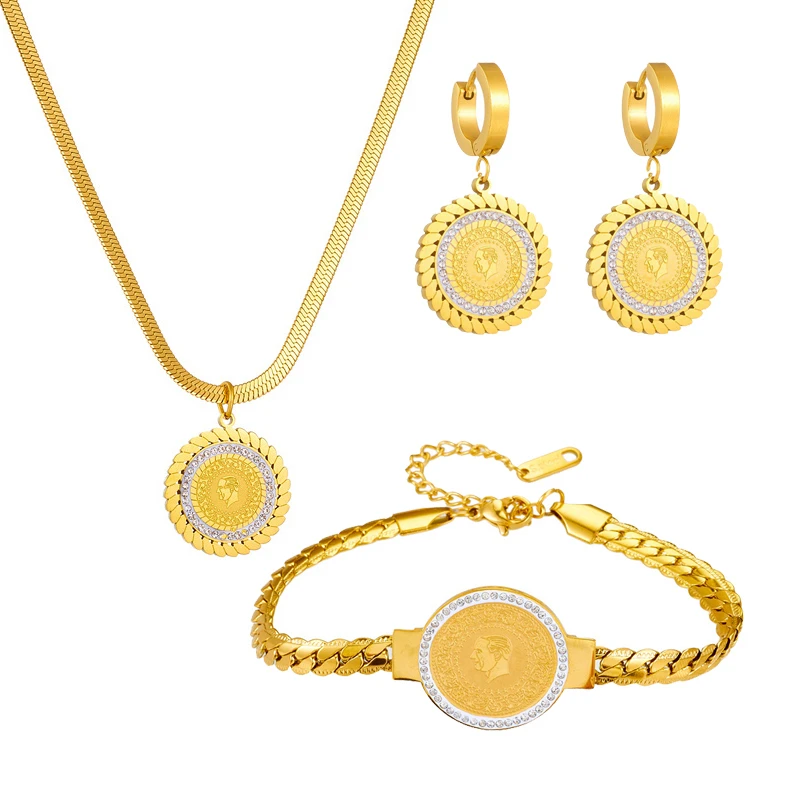 Колье из нержавеющей стали 316L с изображением портрета с цирконом и круглой пластиной, женское ожерелье, браслет, серьги