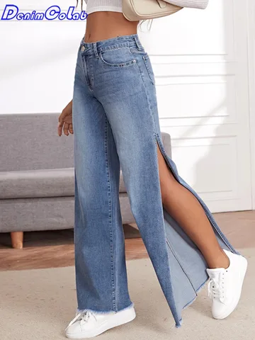 DenimColab Fashion High Split Wide Leg Pants Jeans Women Fringe Elastic Casual Loose Jeans Lady Stretch Streetwear Jeans Trouser