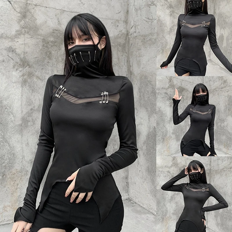 

Goth Solid Black T Shirt Punk Metal Patchwork Hollow Out T-Shirts Harajuku Long Sleeve Women Tops Streetwear