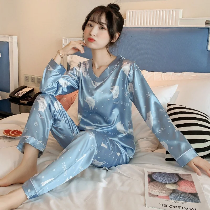 2023 Spring New V-neck Silk Pajamas Women's Loose Long-Sleeved Trousers Home Wear Two-Piece Set Women's Pajamas