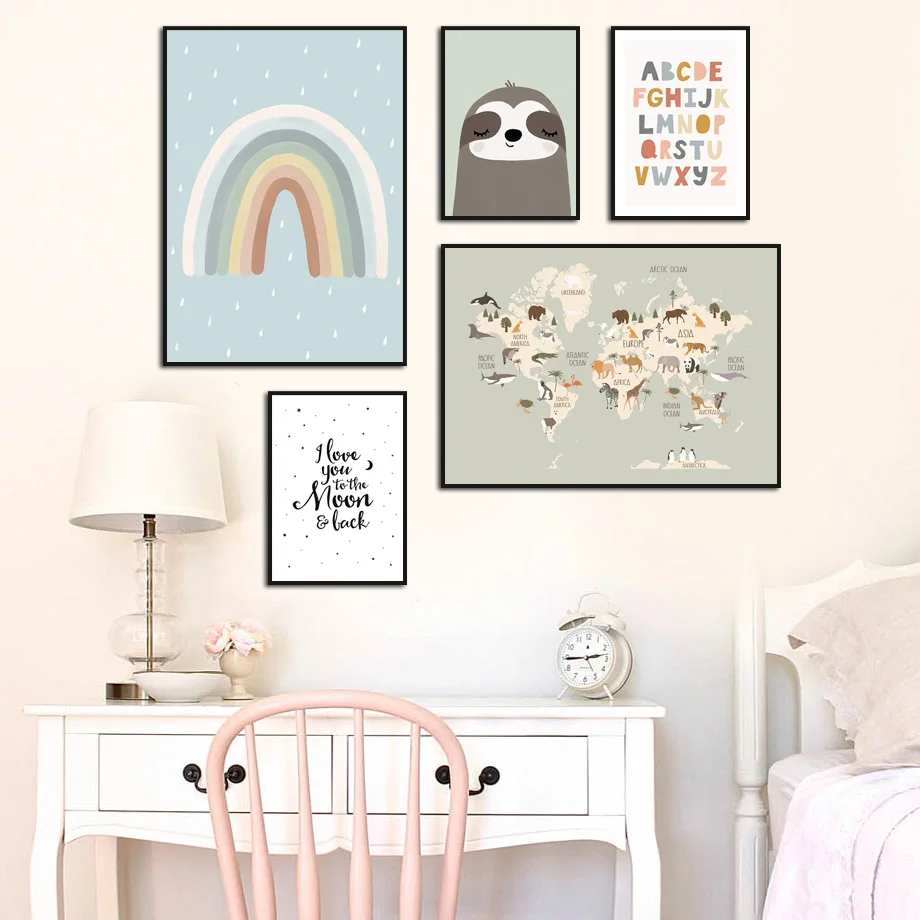 

Wildlife World Map Sloth Rainbow Alphabet Nursery Wall Art Print Canvas Painting Nordic Poster Decor Pictures For Baby Kids Room