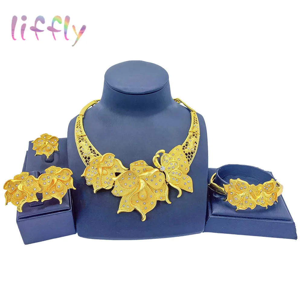 

Bridal Jewelry Sets Wedding Necklace Dubai Fashion Crystal Bracelet New Year Gift Studs Earrings Ring Accessories