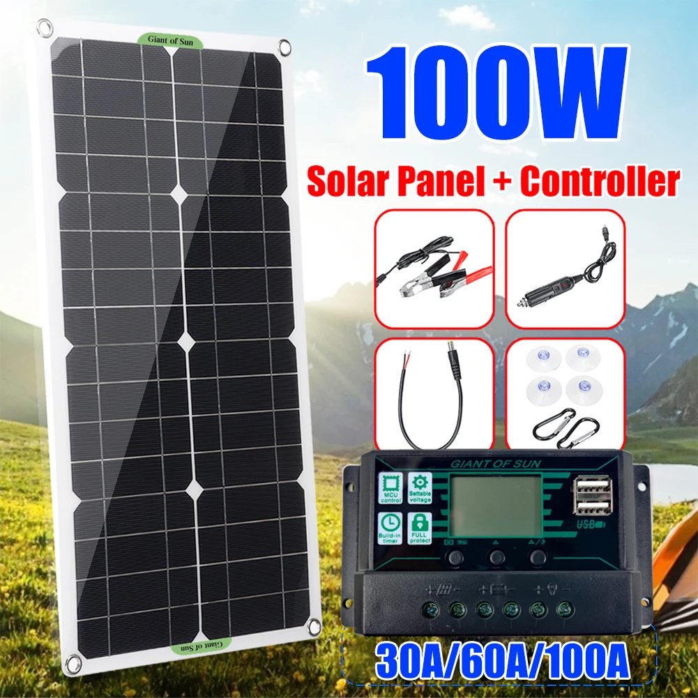 

100W Solar Panel Kits 12V/24V with 30A/60A/100A Controller Solar Cell Dual USB for Car Yacht RV Boat Mobile Phone Battery Charge