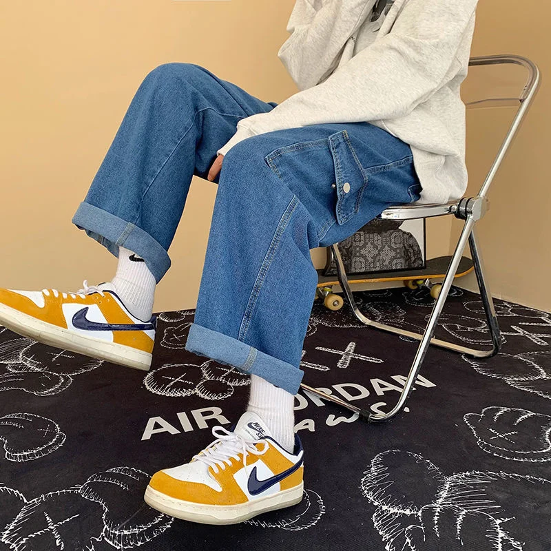 Blue Black Pocket Jeans Men Fashion Casual Wide Leg Jeans Men Streetwear Loose Hip Hop Straight Cargo Denim Pants Mens Trousers