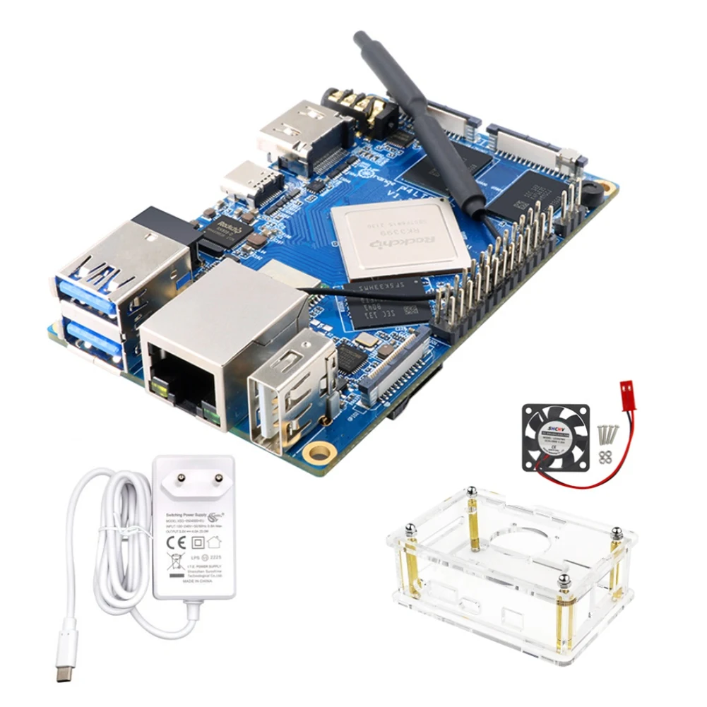 For Orange Pi 4 LTS 4GB Rockchip RK3399 16GB EMMC Development Board+5V4A Power Supply+Acrylic Case+Cooling Fan EU Plug