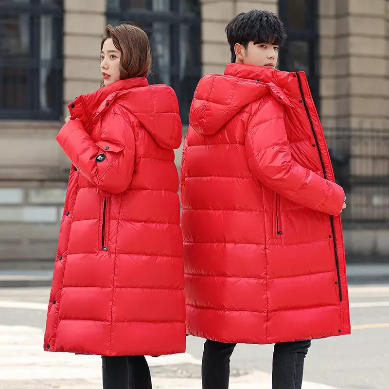 2022New Red Winter Coat Men's Women  90% White Duck Down  Thick （Winter) Warm X-Long  Jacket  Fashion Hooded Cold Resistan