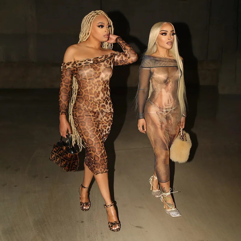 

2023 Summer Women's New Aesthetics Print Mesh Perspective Sexy Dress Long Sleeve Slim Party Club Bodycon Y2K Dresses Wholesale