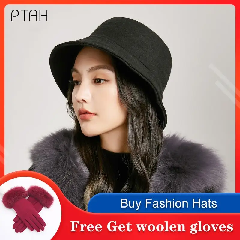 

[PTAH] Autumn Winter Bucket Hat for Woman 2021 New Woolen Hats For Girls Temperament Warmer Bonnet Ladies Casual Hats Cap Female