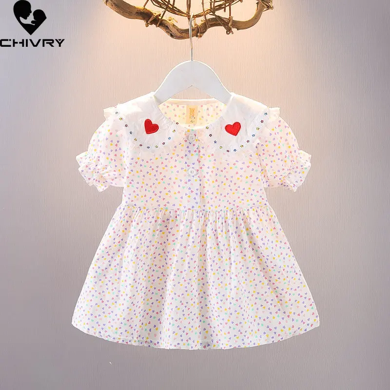 

Girls Summer Fashion Dress New 2023 Baby Girl Sweet Heart Print Short Sleeve Lapel Princess Dresses Kids Clothes Vestidos