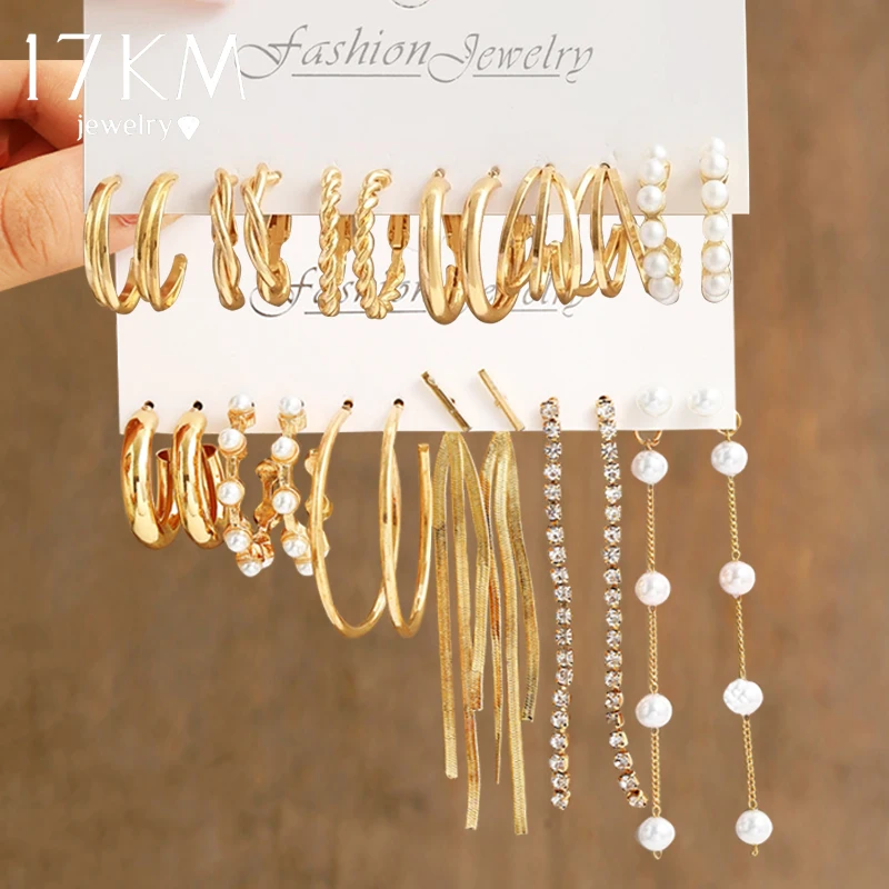 

Винтажные золотистые серьги-кольца 17KM, металлические висячие серьги с жемчугом для женщин, Кристальные витые серьги, модные ювелирные изде...