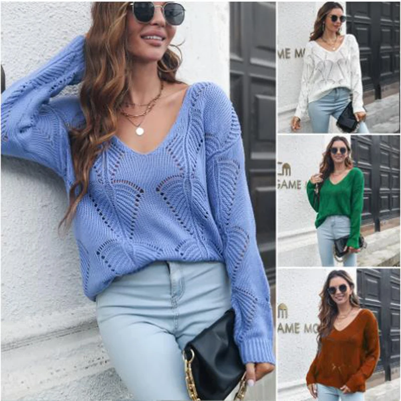 

Женский вязаный свитер с V-образным вырезом и длинным рукавом