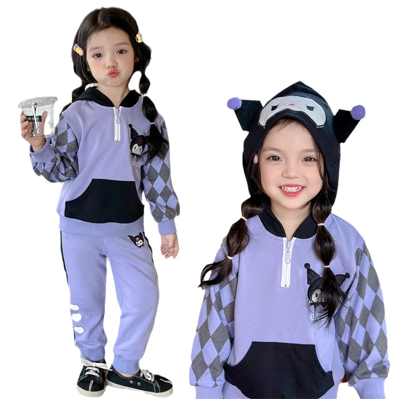 

Милый свитшот с капюшоном Sanrio аниме Kuromi милый мультяшный Свитшот брюки Повседневный Спортивный костюм женский комплект из двух предметов