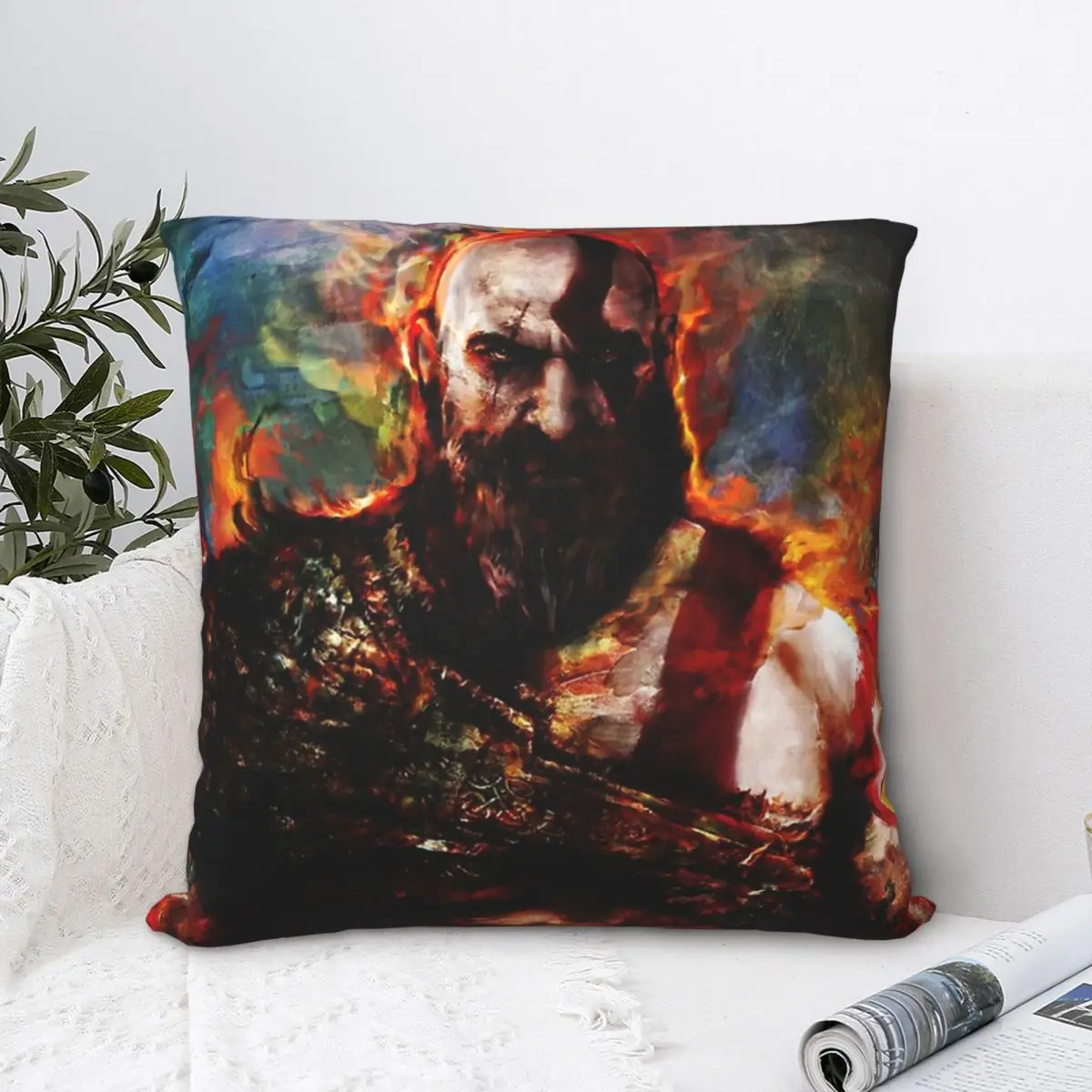 

Kratos Fire Throw Pillow Case God of War Cushion Home Sofa Chair Print Decorative Hug Pillowcase