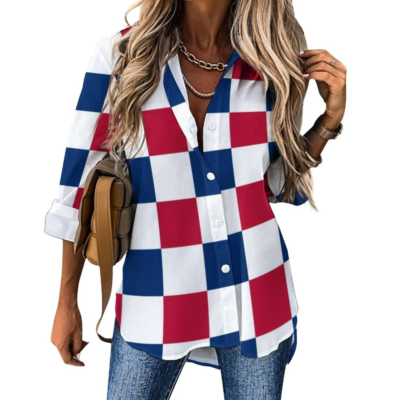 

American USA Flag Blouse Lady Red White Blue Checkerboard Street Wear Loose Blouses Summer Long-Sleeve Kawaii Shirts Graphic Top