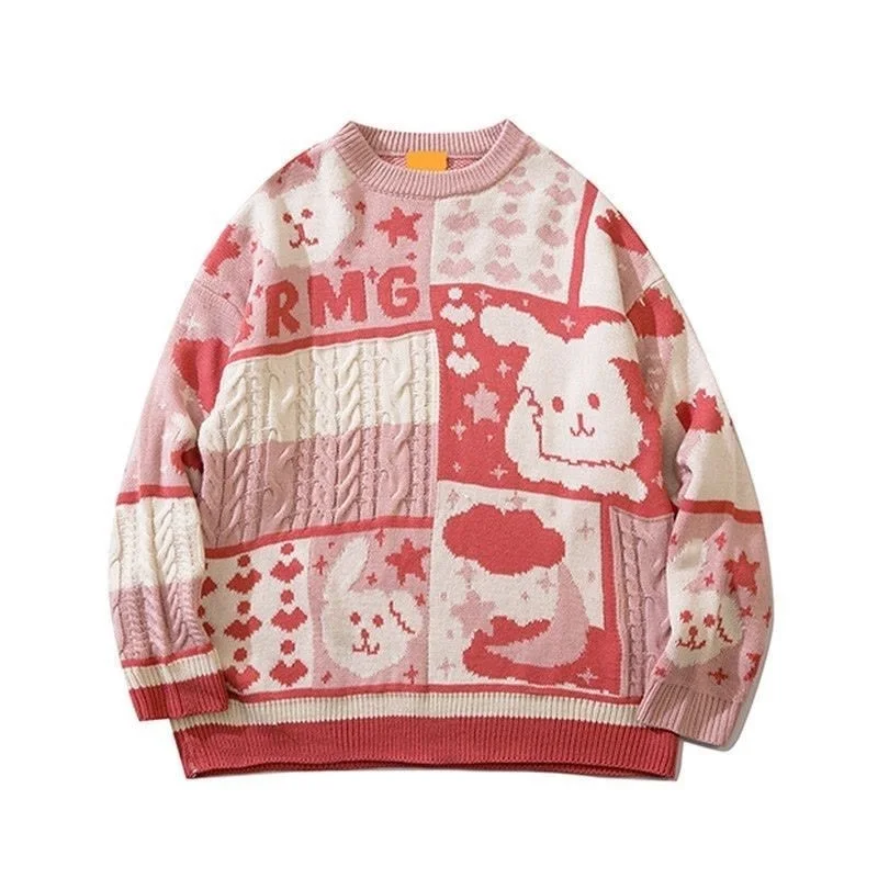 

Cartoon Cute Rabbit Sweater Women Autumn and Winter New Japanese Vintage Couple Loose Stitching Contrast Color Knitwear Pullover