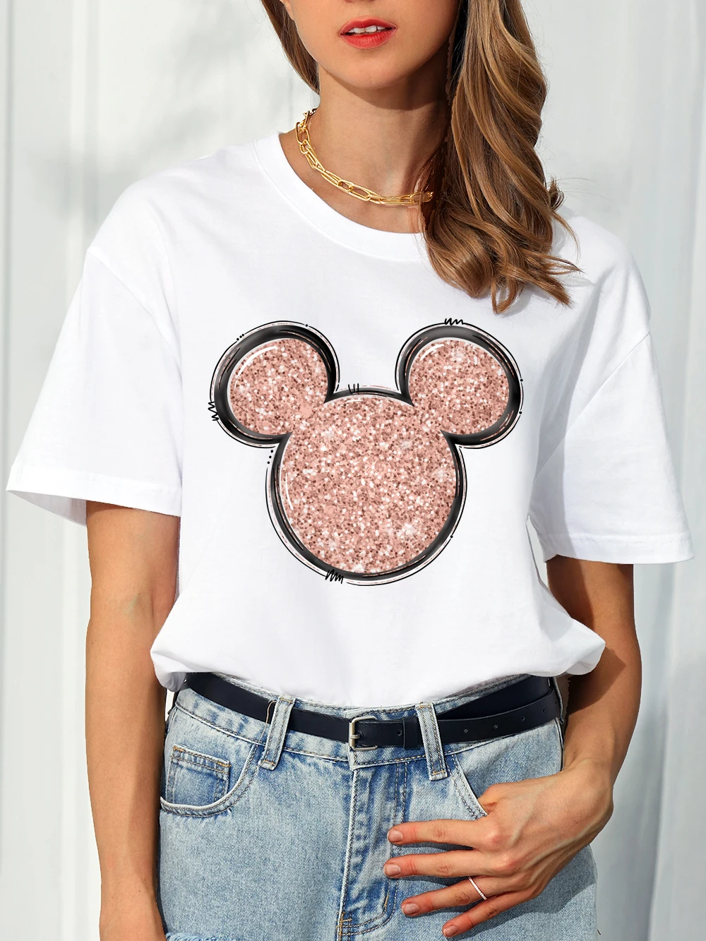 

Футболка для девочек с цветами, леопардовой мышью, Мультяшные повседневные футболки, женская одежда, женская одежда, летние модные топы с ко...