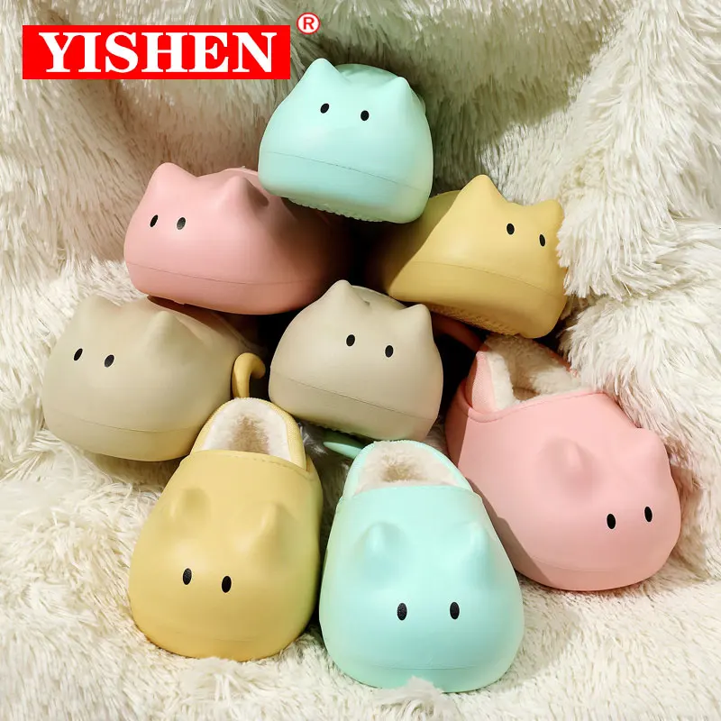 YISHEN Kids Slippers Waterproof Home Indoor Cotton Shoes Cute Cartoon Cat Slippers For Boys Girls Winter Plush Warm Slides Flats