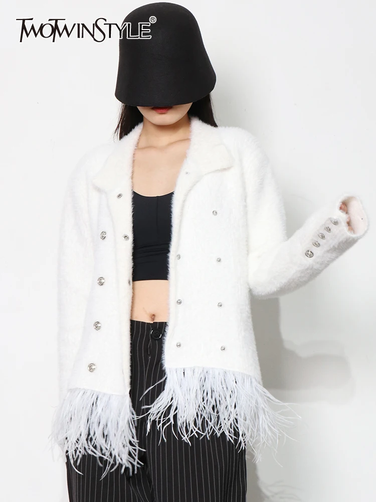 

TWOTWINSTYLE Casual White Coat For Women Stand Collar Long Sleeve Patchwork Feathers Hem Solid Coats Female Clothing Style New