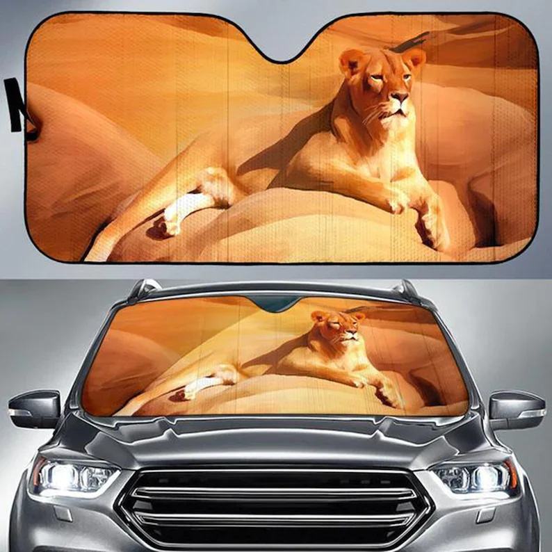 Car Sun Shade with Lioness Print, Auto Sun Shade a unique Gift for Lion Lovers.