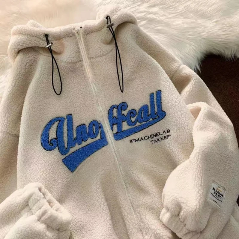 

Толстовки с вышивкой из овечьей шерсти на молнии, Женская осенне-зимняя Толстовка свободного покроя с бархатной подкладкой Y2K, Повседневный...