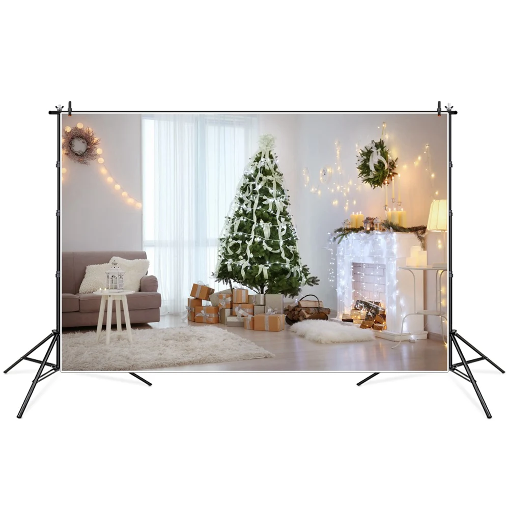 

Christmas Tree Ribbons Gifts Lights Fireplace Room Photography Backdrops Custom Baby Party Decoration Photo Booth Backgrounds