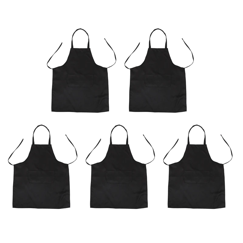 

5X Unisex 2 Pocket Black Kitchen Apron Bib, One Size In Medium