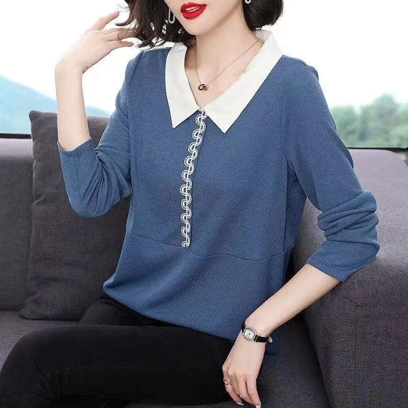 Spring Summer Peter Pan Collar Bright Line Decoration Thin Long Sleeve Women Blouse Patchwork Nail Bead Design Plus Size Loose