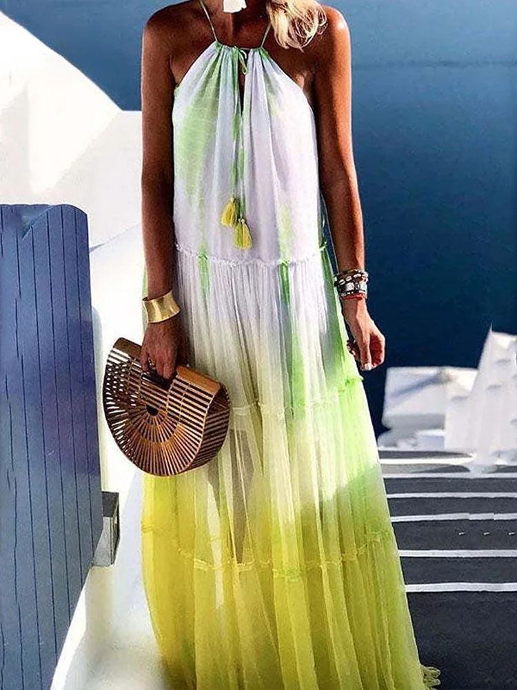 

Женское винтажное длинное платье на бретельках, свободное плиссированное платье без рукавов, повседневное пляжное платье с открытыми плеч...