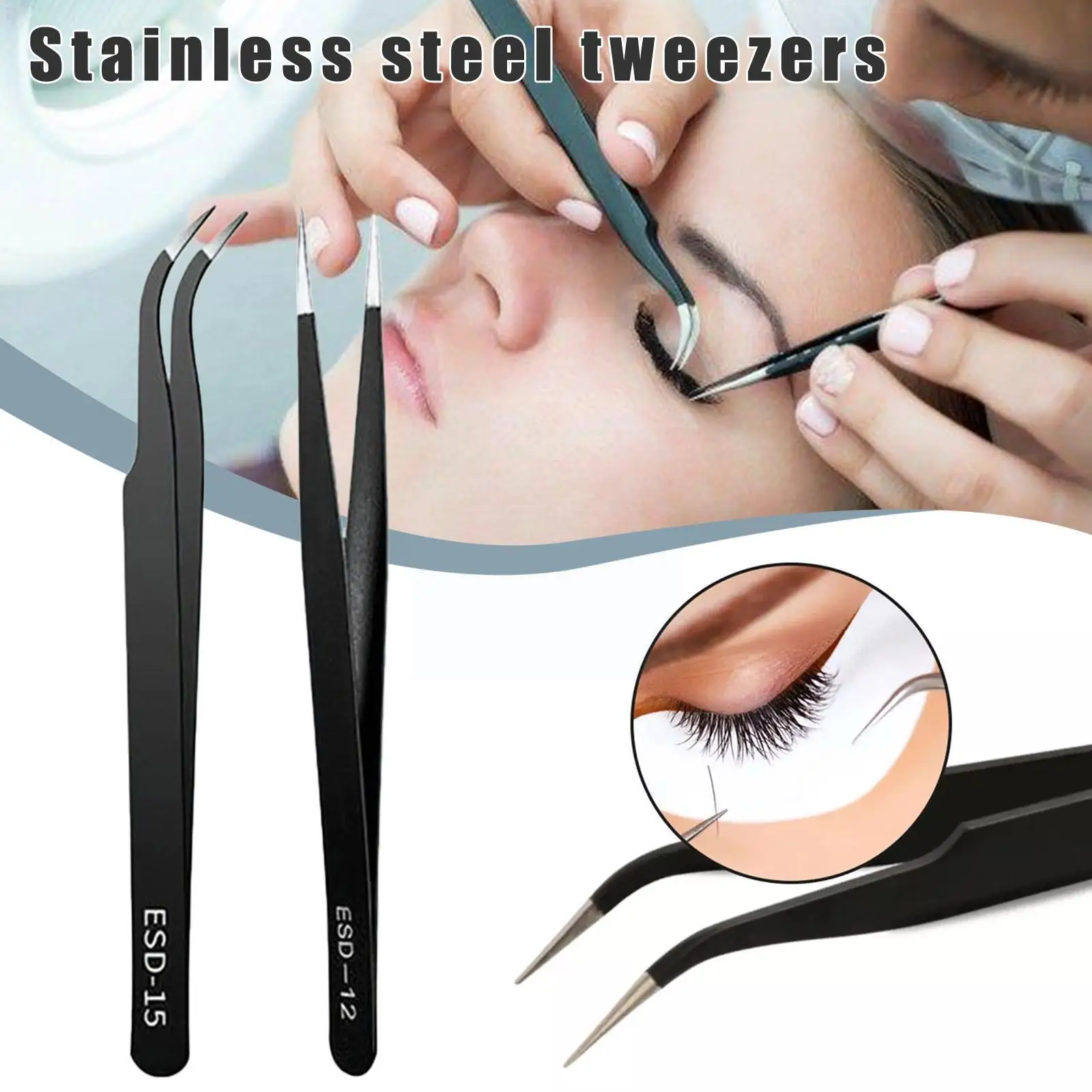 

Eyelash Extension Tweezers Steel Straight And Curved Women Makeup Tools For False Eyelashes Black Color Q0M4