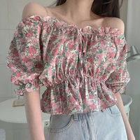 french sweet floral short shirt women elegant t shirt one line neck puff sleeve short sleeve top korean casual ladies clothes