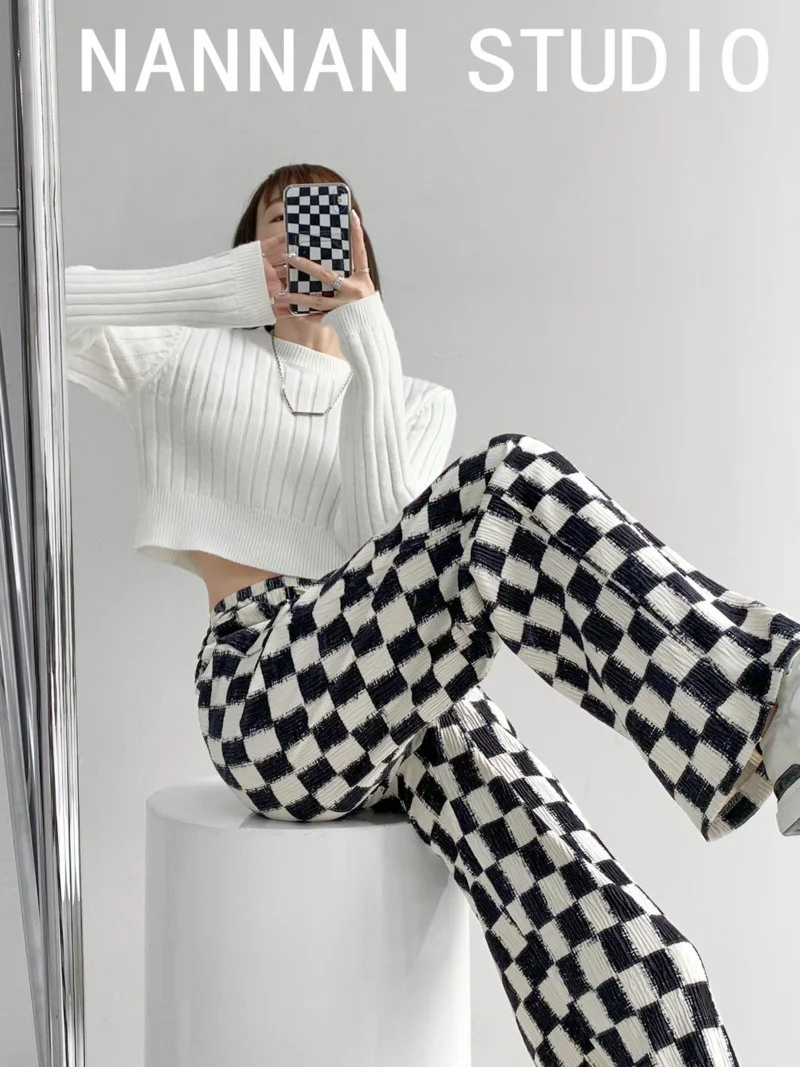 

WOMONGAGA 2022 European trend style black and white plaid casual loose trousers lace high waist slim straight pants XQU5