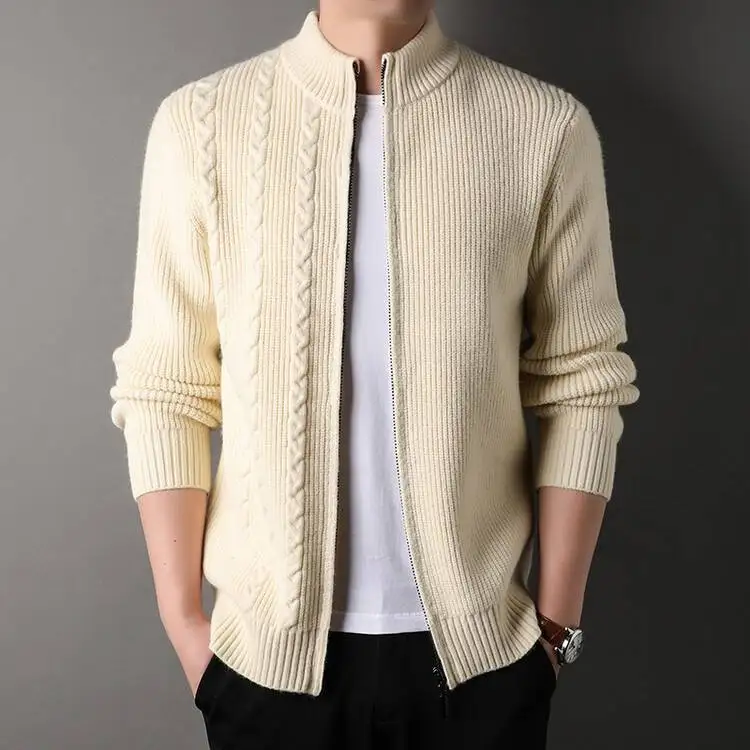 Мужской трикотажный кардиган на молнии однотонный плотный с воротником-стойкой