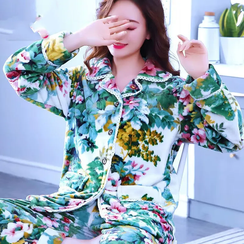 Winter Women's Pajamas Set Sexy Print Flower Pajamas 2020 Fashion Mom Casual Female Turn-down Collar Flannel Sleepwear