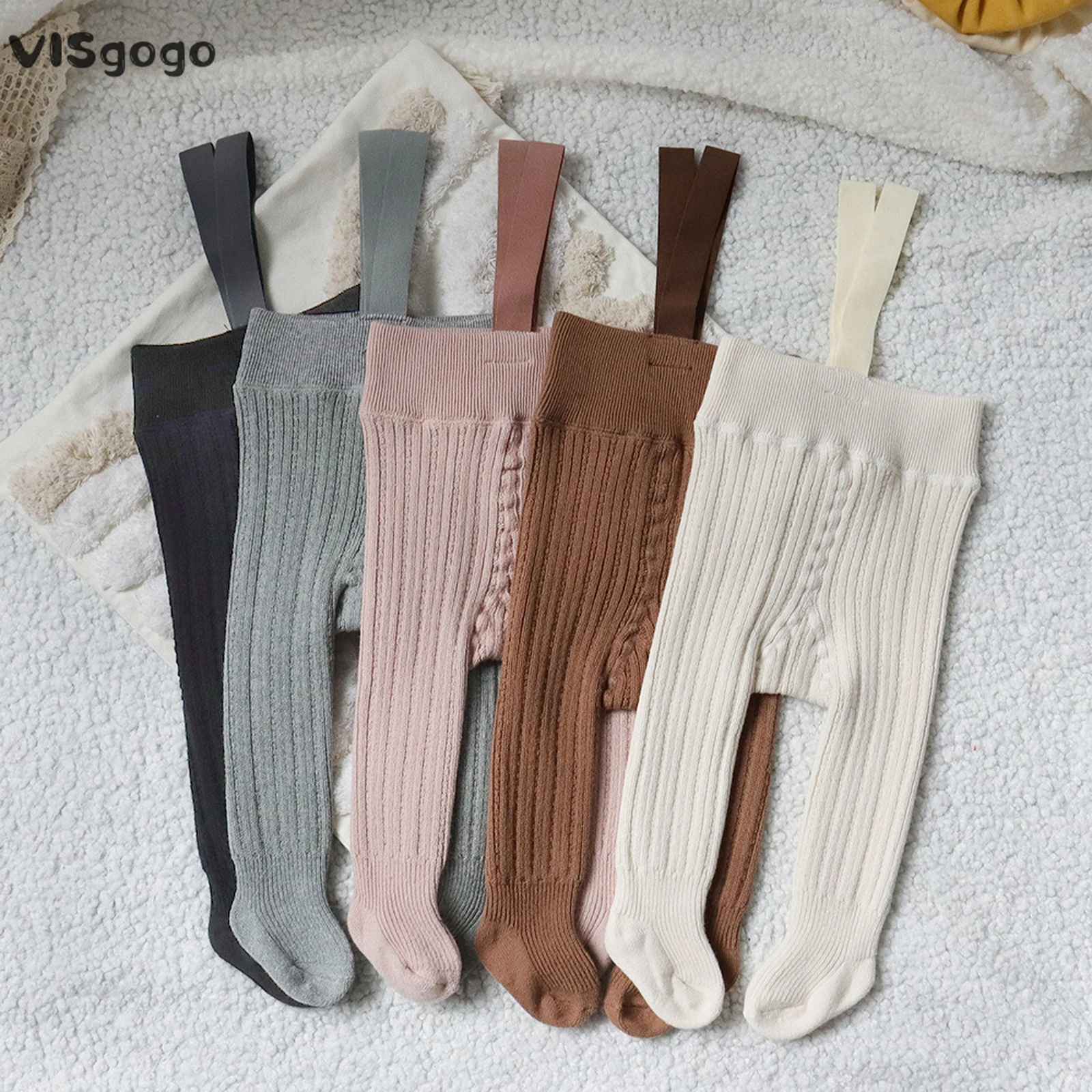 VISgogo Infant Leggings Stockings Baby Girls Boys Solid Color Knitted Strap Pants Toddler Tights Autumn Winter Warm Pantyhose