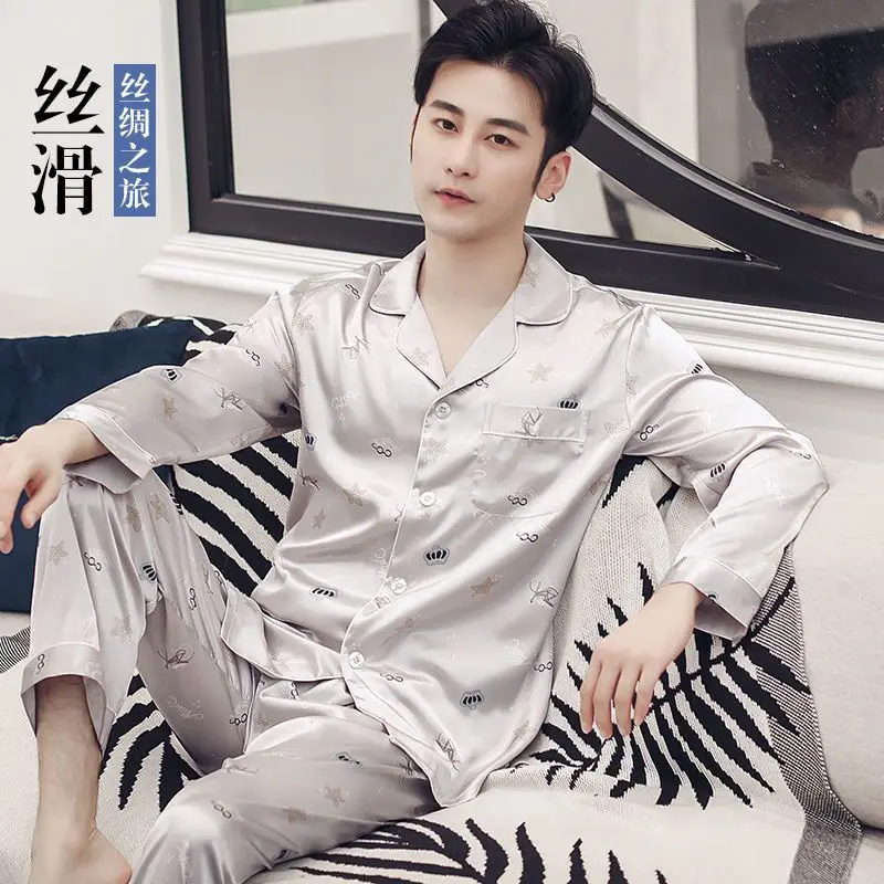 High quality pajamas for men, spring and autumn teen thin silk set, air conditioning room, long sleeves, fashion loungewear