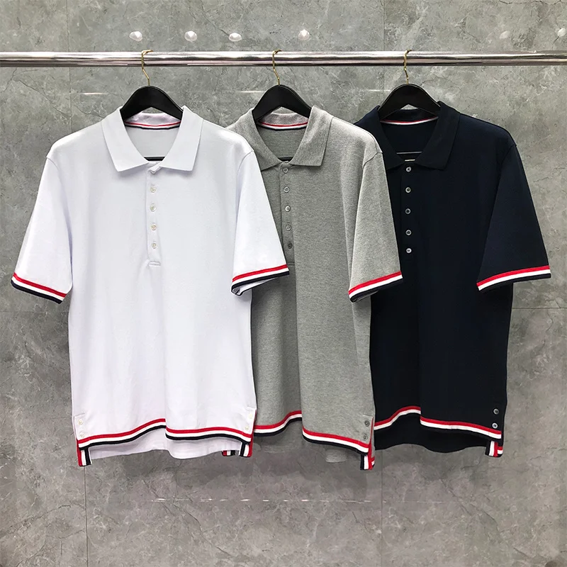 TB THOM T-Shirts 2022 Summer Korean Style Top Women Pique RWB Stripe Short Sleeve Polo Tops Slim Casual Harajuku Men T-shirt