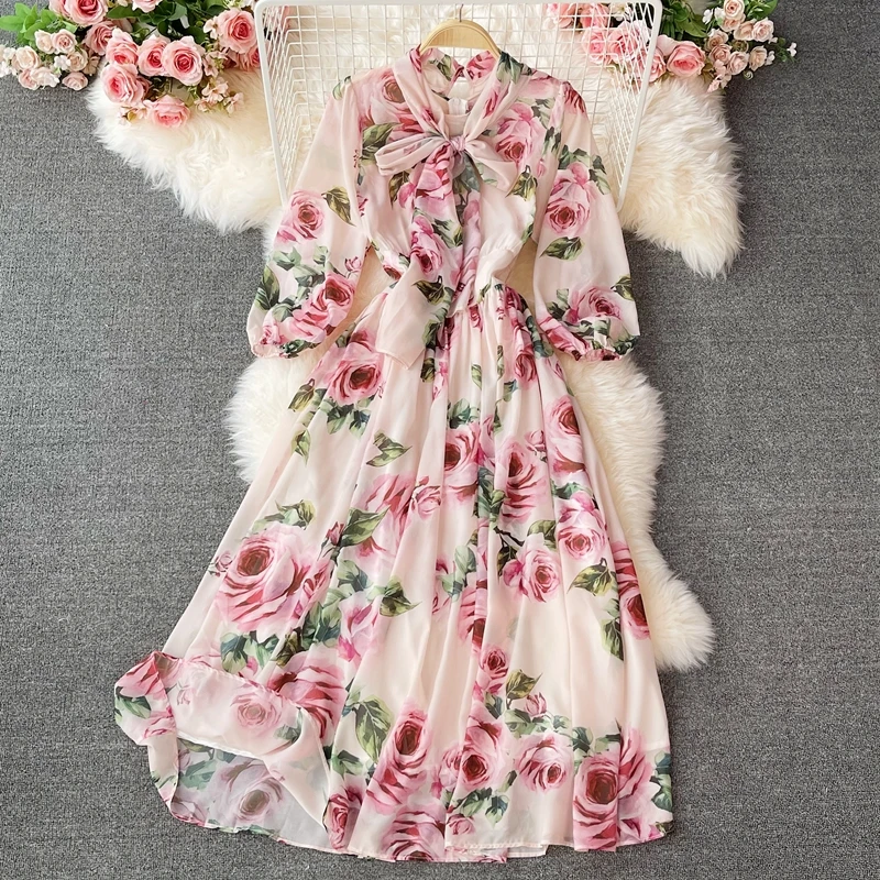 Autumn and Winter New Style Easy Bow Tie Rose Print Waist Swing Dress