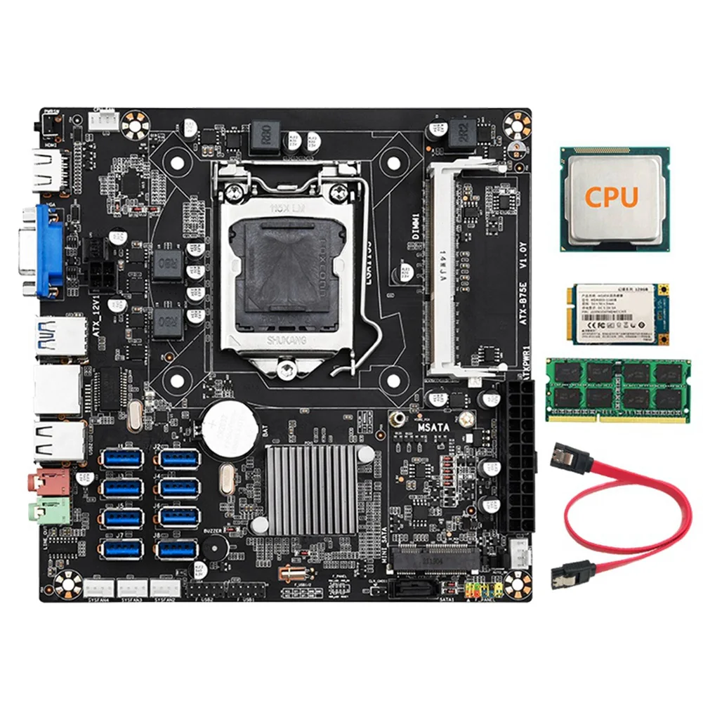 

B75E 8 Card BTC Mining Motherboard+CPU+4G DDR3 RAM+128G SSD+SATA Cable 8X USB3.0 B75 Chip LGA1155 DDR3 MSATA ETH Miner
