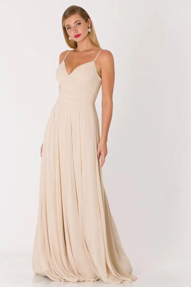 

Women Slim halter Long Evening Dress Beige Angel
