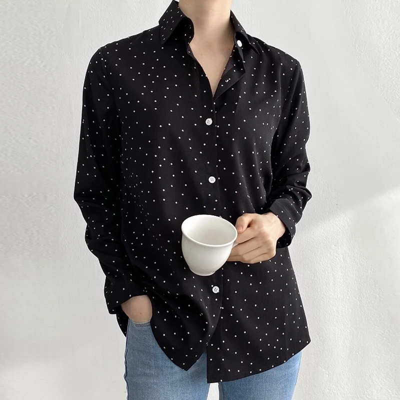 

SuperAen Retro Polka Dot Shirt Women's Autumn Contrast Design Shirt Loose Single-breasted Thin Long-sleeved Sunscreen Shirt