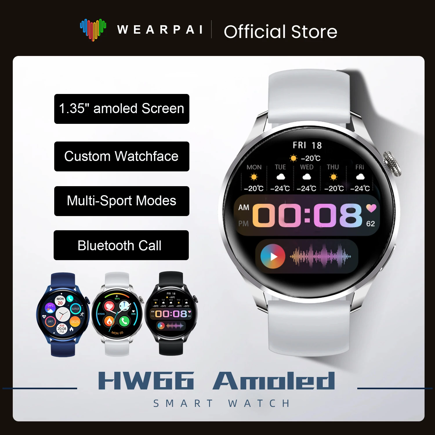 

Wearpai New HW66 Smartwatch AMOLED Display 1.35" HD 420*420 IP68 Waterproof Bluetooth-Call sport women Smartwatch pk GTR 3 GTS