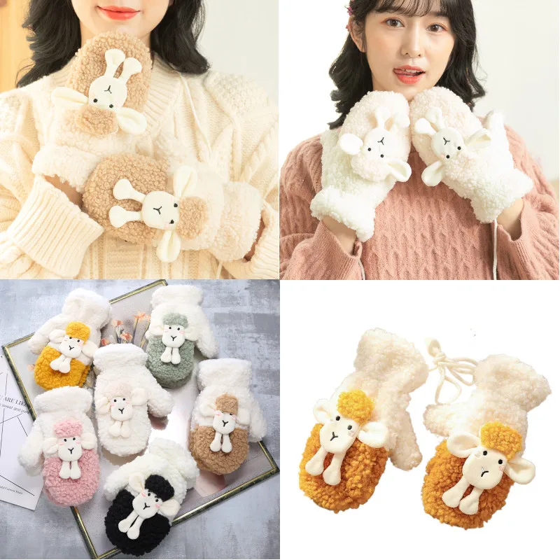 

Winter Warm Gloves Women Double Layer Lamb Velvet Gloves Female Mittens Hanging Neck Thick Girls Warm Cute Rabbit Plush Mittens