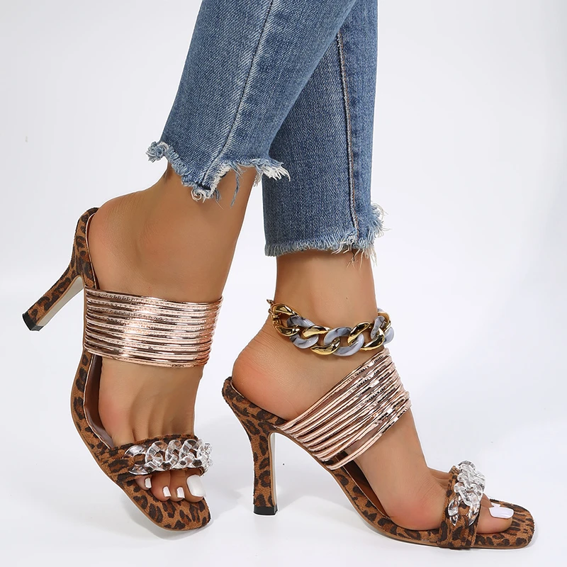 

Leopard High Heels Women Slippers Chain Summer Sandals 2022 New Fashion Party Pumps Rome Causal Flip Flops Women Shoes Stilettos