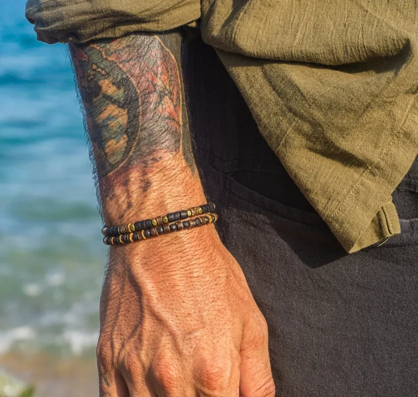 Мужской водонепроницаемый браслет из черного драгоценного камня и нержавеющей